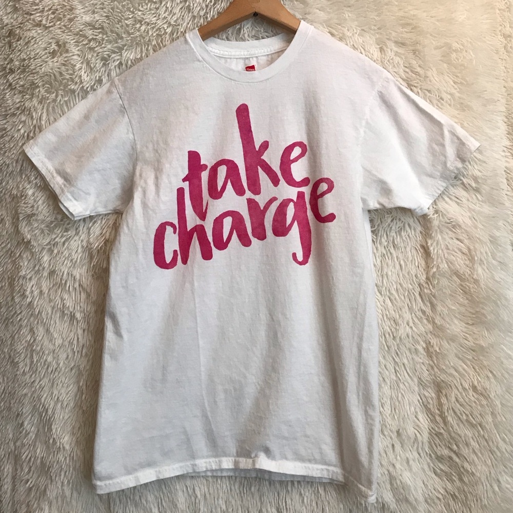 NWOT unisex white pink take charge t-shirt